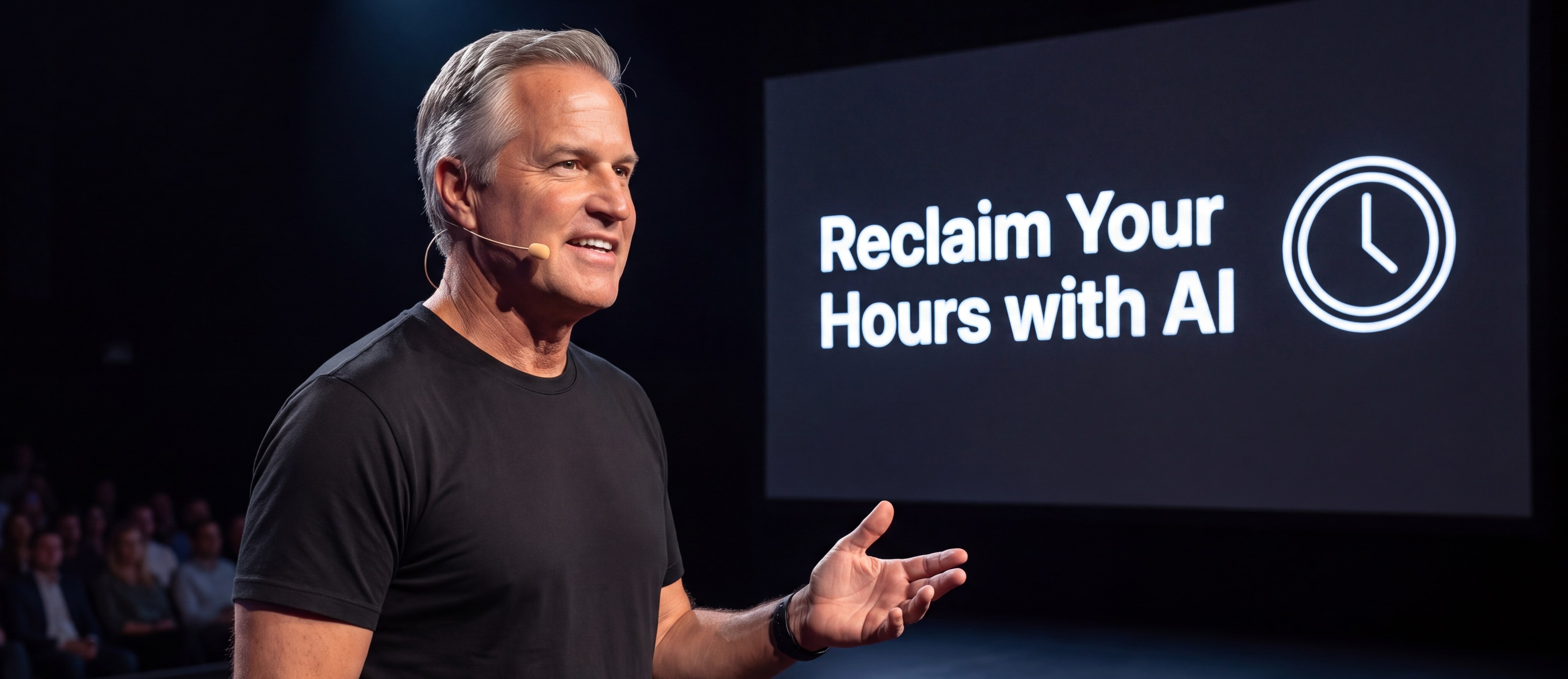 Denis Laflamme sur scène avec un micro-casque, devant un public assis, à côté d’un grand écran affichant Reclaim Your Hours with AI et une horloge