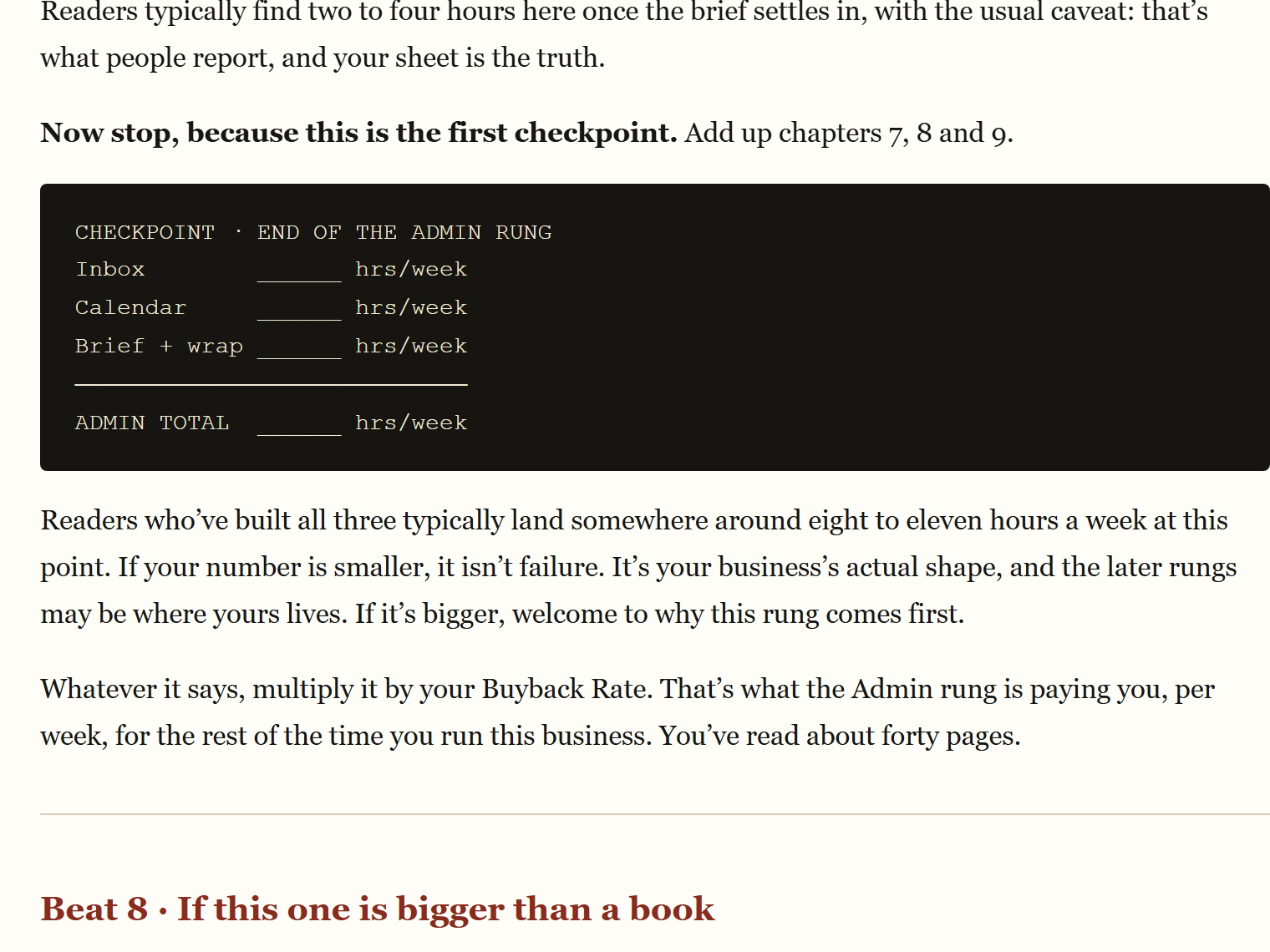 The checkpoint at the end of chapter 9. A tally box adds inbox, calendar, and brief plus wrap hours into an admin total, surrounded by text saying that what readers report is not the same as your own measured sheet.